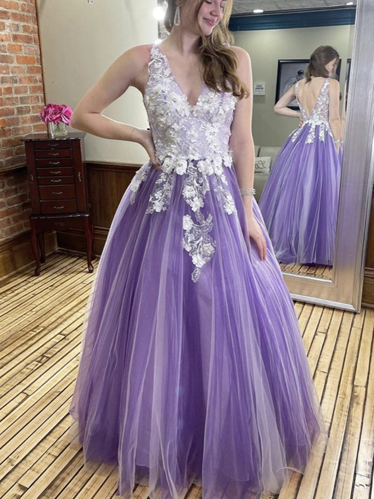 Purple V Neck Lace Floral Prom Dresses ...